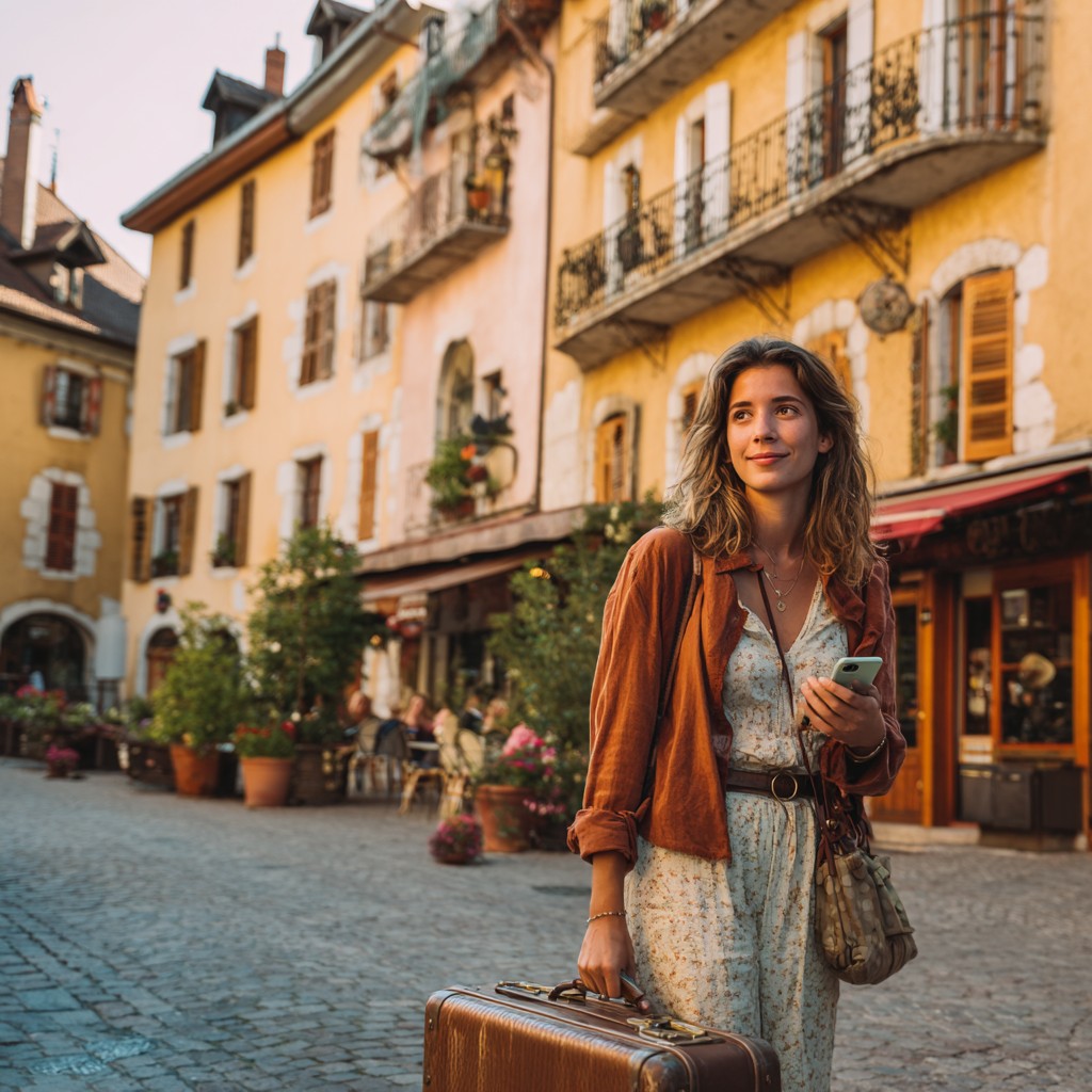 Voyageuse dans une rue d'Annecy